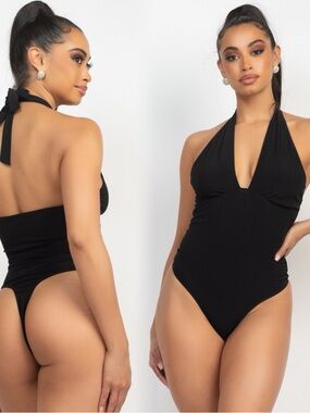 BLASHE Black Halter Plunge Bodysuit